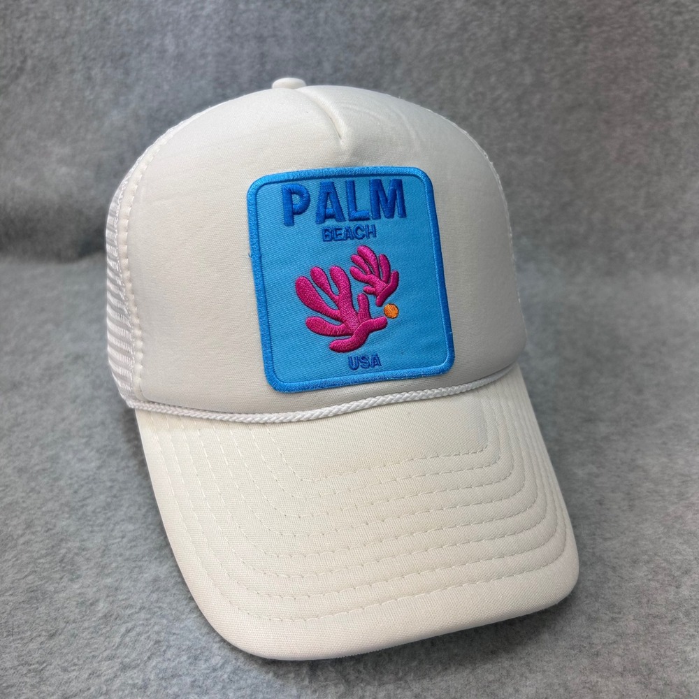 Palm Beach USA Coral Patch Unisex White Nissin Cap Trucker Hat Snapback OSFM